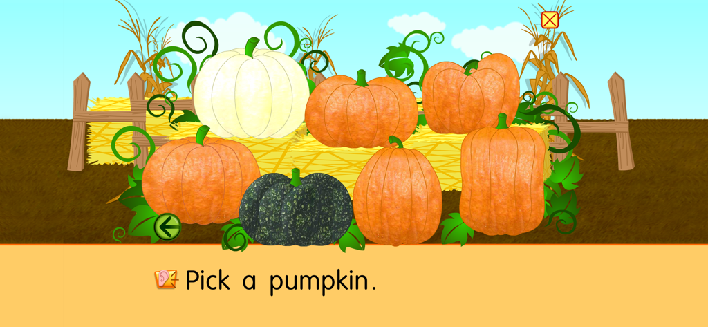 Assorted pumpkins in a virtual pumpkin patch with text instruction to pick a pumpkin