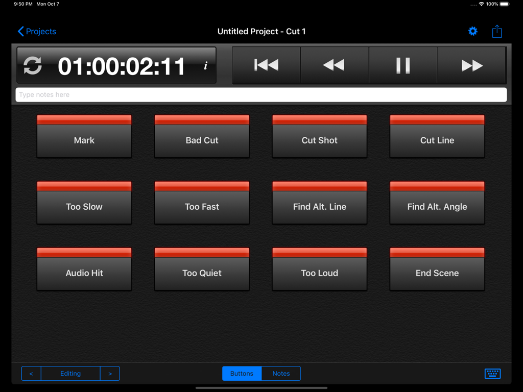 Cut Notes - Cut Notes iPad app interface showing a timecode display and custom note shortcut keys for video editing