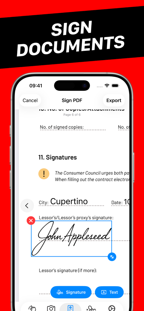 Eine Smartphone-Oberfläche, die zeigt, wie ein PDF-Dokument mit einer digitalen Signatur signiert wird