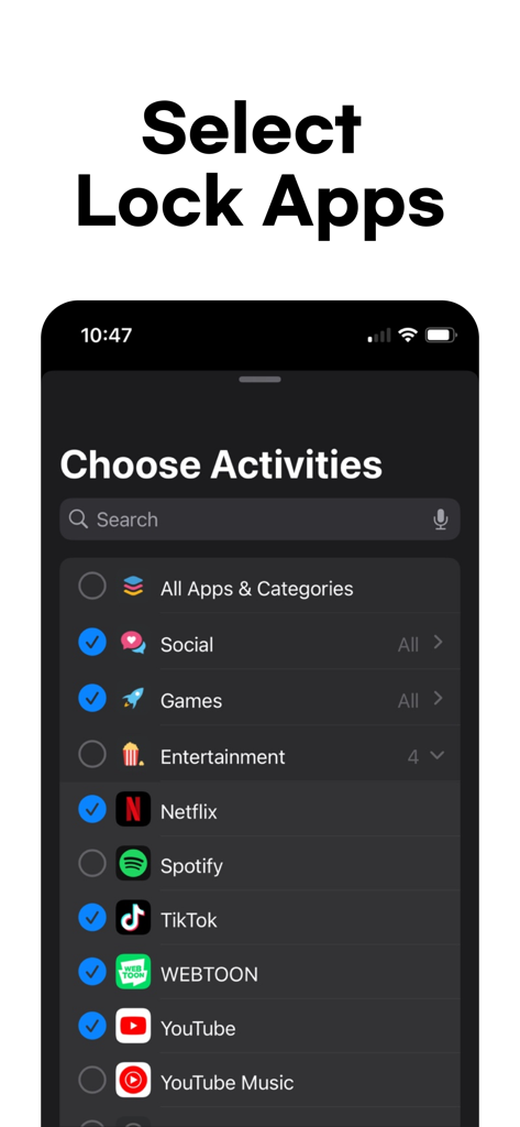 Interface of the DetoxLock app showing a list of apps like TikTok Netflix and YouTube selected to be locked for productivity.