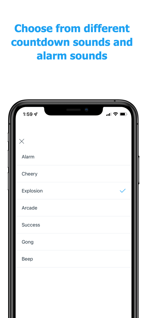 Interfaz que muestra una lista de sonidos seleccionables de cuenta regresiva y alarma como Explosión y Gong en la aplicación Generador de Temporizador Aleatorio