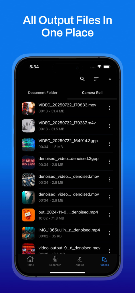 Mobile app screen showing a list of denoised video files organized in one place