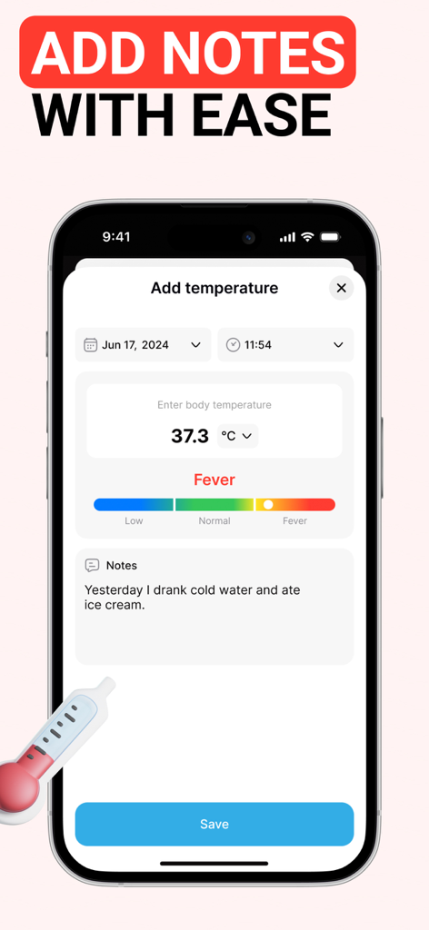 Blood Pressure. Health Monitor - Interface for adding body temperature and health notes in the Blood Pressure Health Monitor app