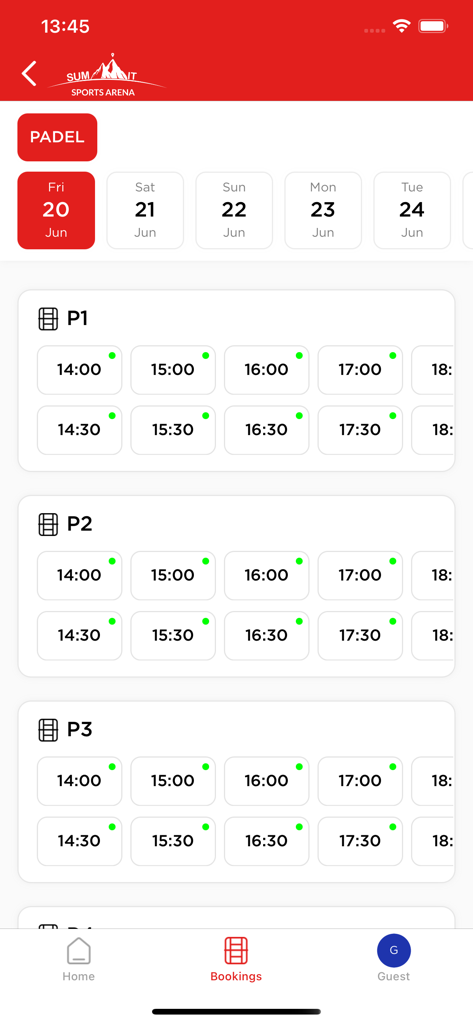 Summit Sports Arena - Summit Sports Arena app screen showing padel court availability and booking time slots