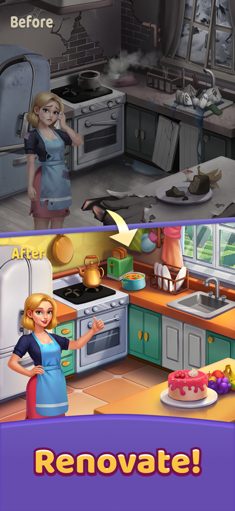 Una comparación de antes y después de la renovación de una cocina con un personaje feliz en Tile Story