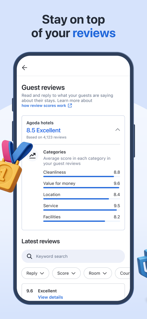 Agoda YCS for hotels only - Interface de l'application mobile Agoda YCS affichant les avis des clients de l'hôtel avec les scores par catégorie pour la propreté, le service et le rapport qualité-prix