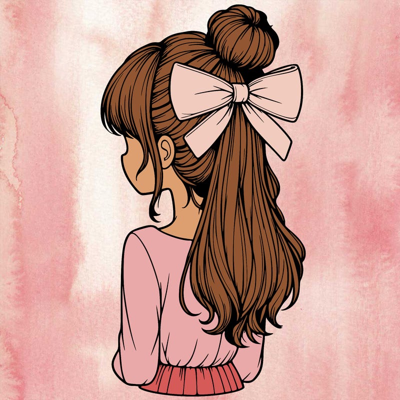 realistic girl  with hip length hair a bun and a big bow on the back of head