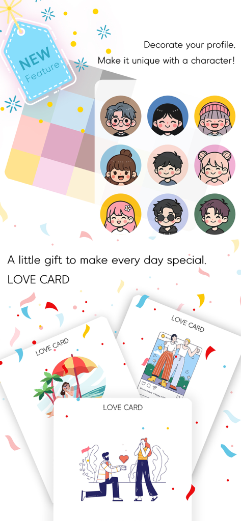 Couple Widget : Love Countdown - Customizable couple avatars and illustrated love cards within the app interface.