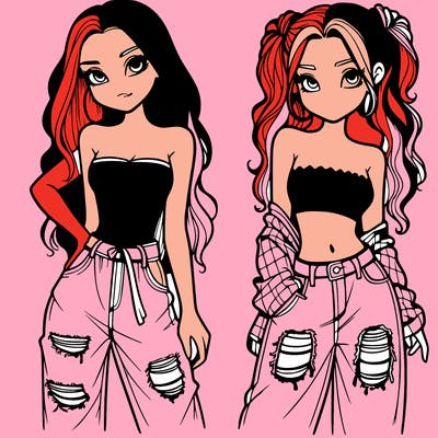 2 girls in crop tops and baggy jeans ripped