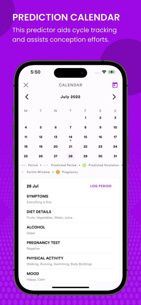 Prediction calendar in CICLE app for tracking periods and fertility