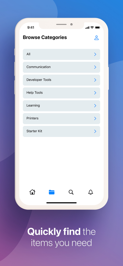 Interface do aplicativo Jamf Self Service exibindo a tela Navegar por Categorias com opções para ferramentas de comunicação, desenvolvimento e impressoras