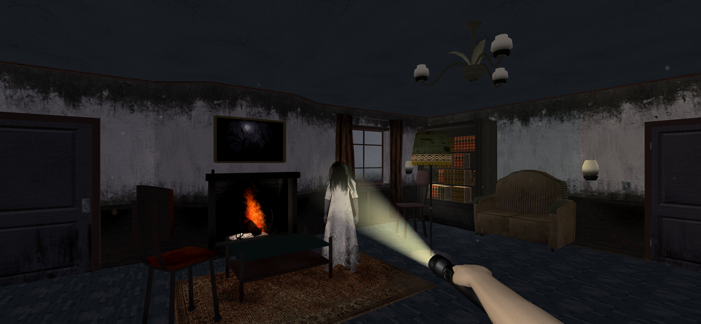 Flashlight beam illuminating a creepy ghost girl in a dark haunted house living room.
