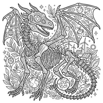 Unleash your creativity with this unique Earth Day dragon skeleton coloring page, blending ancient myths with modern eco-consciousness. Discover intricate details of recycling symbols, lush greenery, and environmental motifs waiting for your artistic touch.