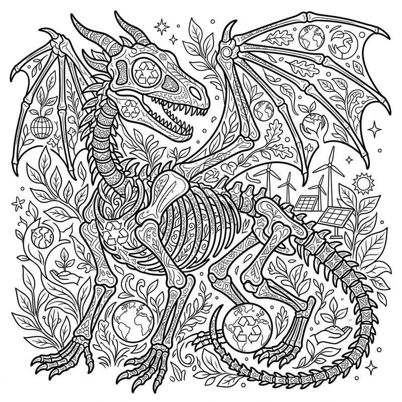 Unleash your creativity with this unique Earth Day dragon skeleton coloring page, blending ancient myths with modern eco-consciousness. Discover intricate details of recycling symbols, lush greenery, and environmental motifs waiting for your artistic touch.