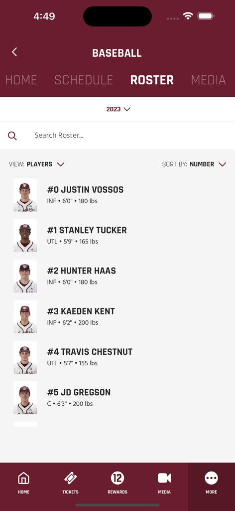 12th Man Mobile app showing Texas AM baseball roster with player photos and stats