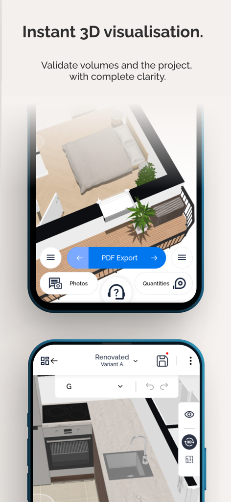 Visuary - The Smart Floor Plan - Mobile app interface showing instant 3D visualization of a bedroom and kitchen floor plan