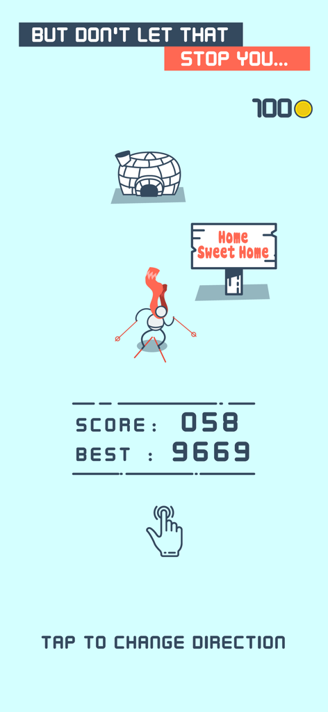 Yeti Ski: winter sport 4 watch - Yeti Ski Gameplay-Screenshot, der zeigt, wie ein Charakter an einem Iglu vorbeifährt, mit der Anweisung, zum Richtungswechsel zu tippen