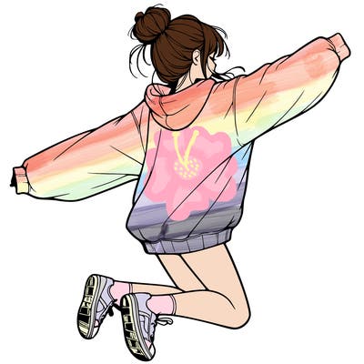 realistic girl jumping with a bun and oversized sweatshirt