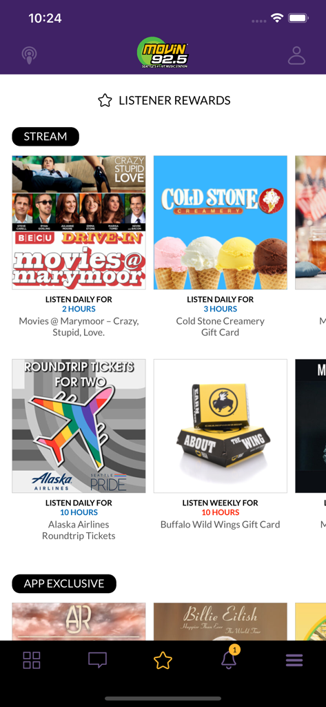 MOViN 92.5 - MOViN 92.5 radio app listener rewards screen showing prizes for listening time
