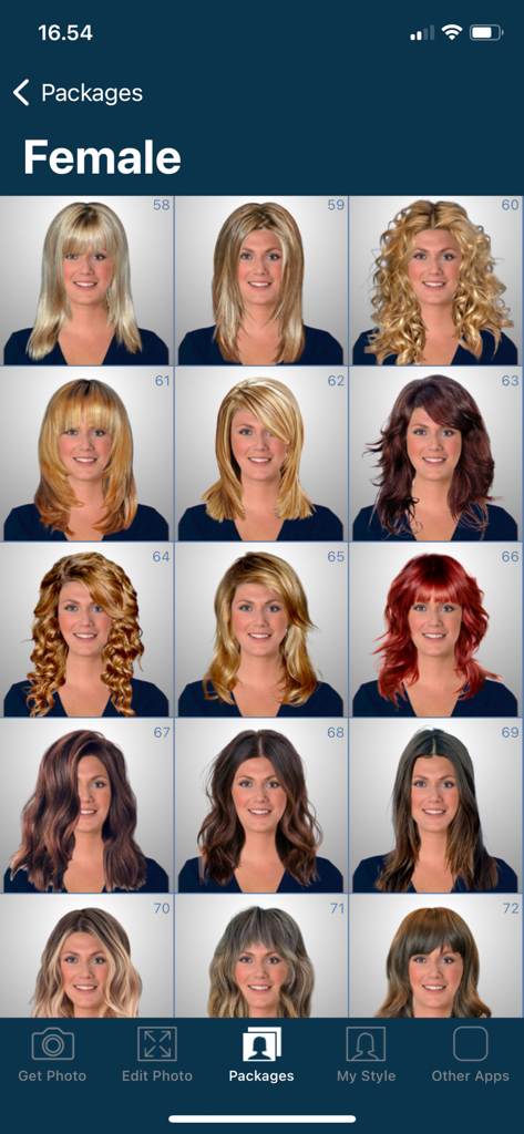 A grid display of different female hairstyles and hair colors within the Hairstyle Try On app gallery.