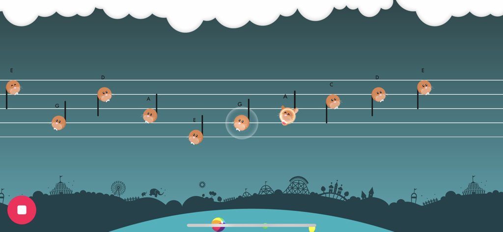 Music4Kids - Musical staff with animal characters as notes in the Music4Kids educational app