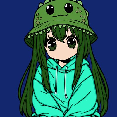 girl with anime shaped eyes with a dinosaur bucket hat oversized sweatshirt long straight hair