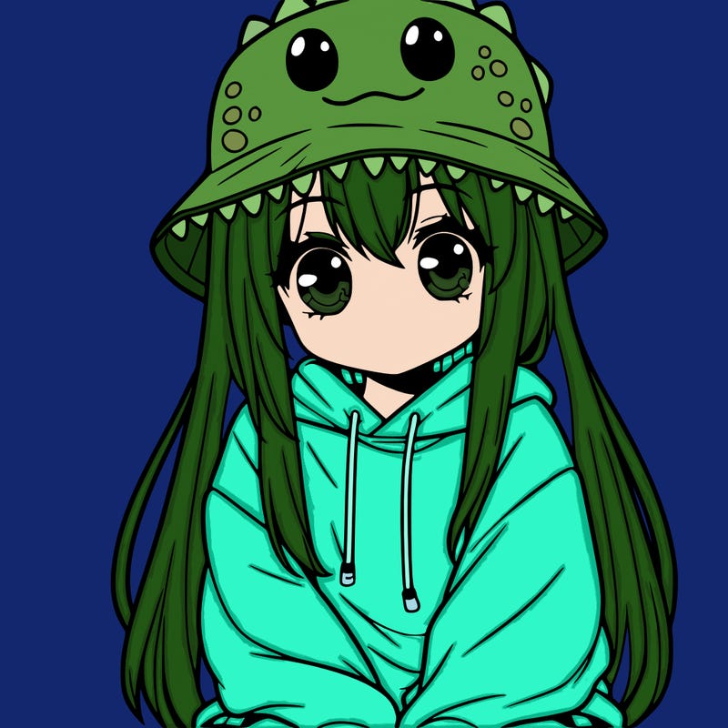 girl with anime shaped eyes with a dinosaur bucket hat oversized sweatshirt long straight hair