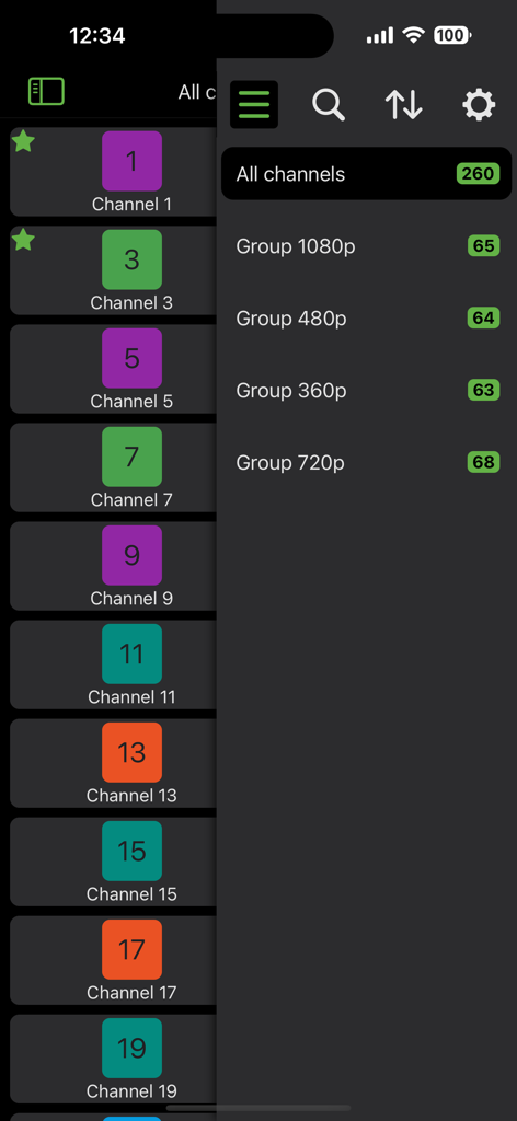 Flex IPTV app interface showing a menu with channels grouped by video resolutions including 1080p and 720p