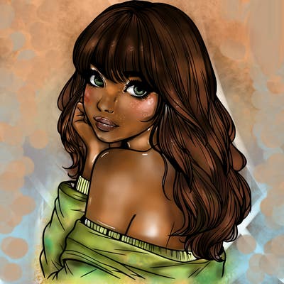 realistic girl with bangs looking over her shoulder