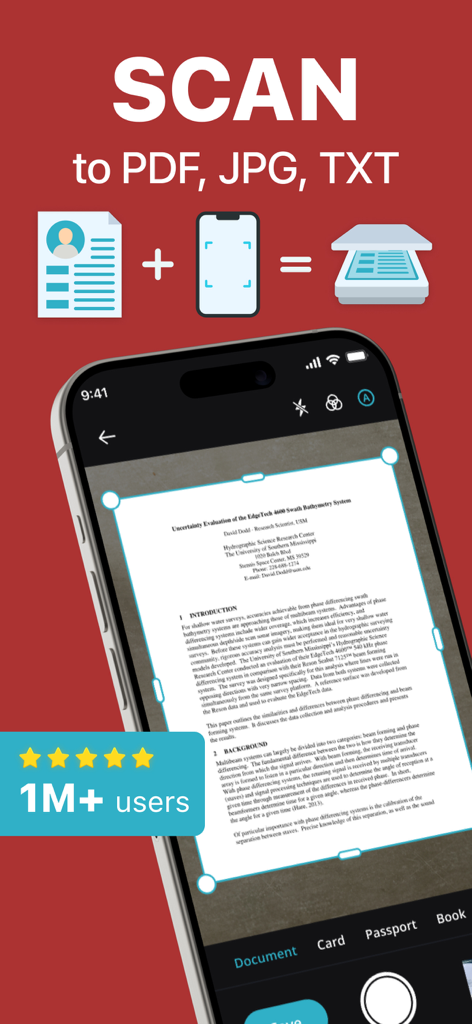 PDF Scanner & Document Editor - Interface d'application mobile montrant un document en cours de numérisation et de conversion aux formats PDF, JPG et TXT.