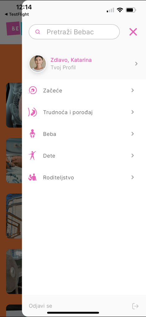 Bebac - Navigation menu of the Bebac parenting app in Serbian showing categories for pregnancy and childcare