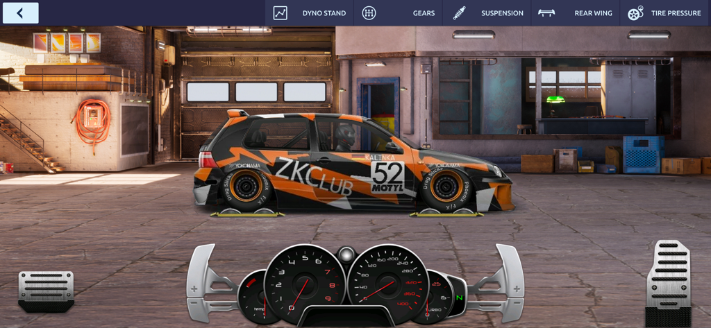 A customized racing hatchback inside a garage with performance tuning menus and a realistic dashboard interface
