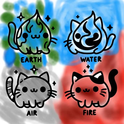 4 cats that represent the different elements, earth, water, air, and fire