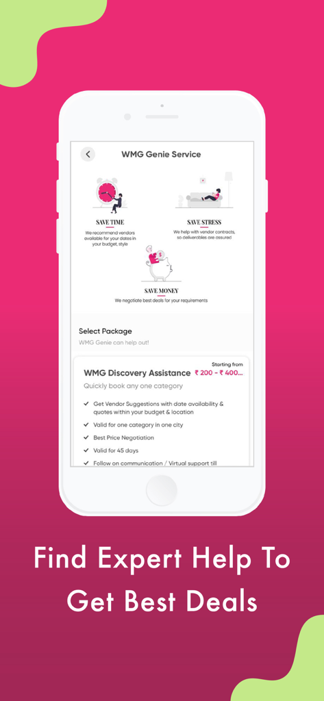 WedMeGood app interface showing WMG Genie Service for expert wedding planning and vendor deals