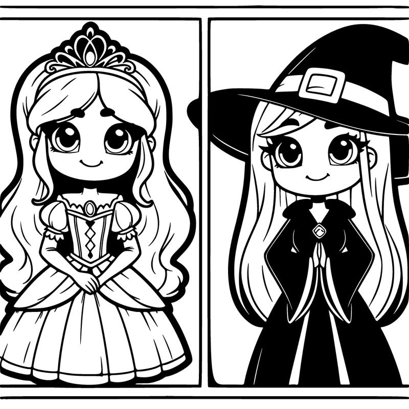 detailed split of a princess and a witch