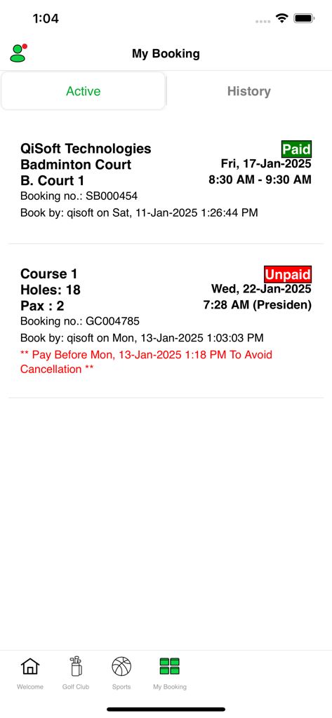 QiSoft Golf app display of active sports and golf course bookings