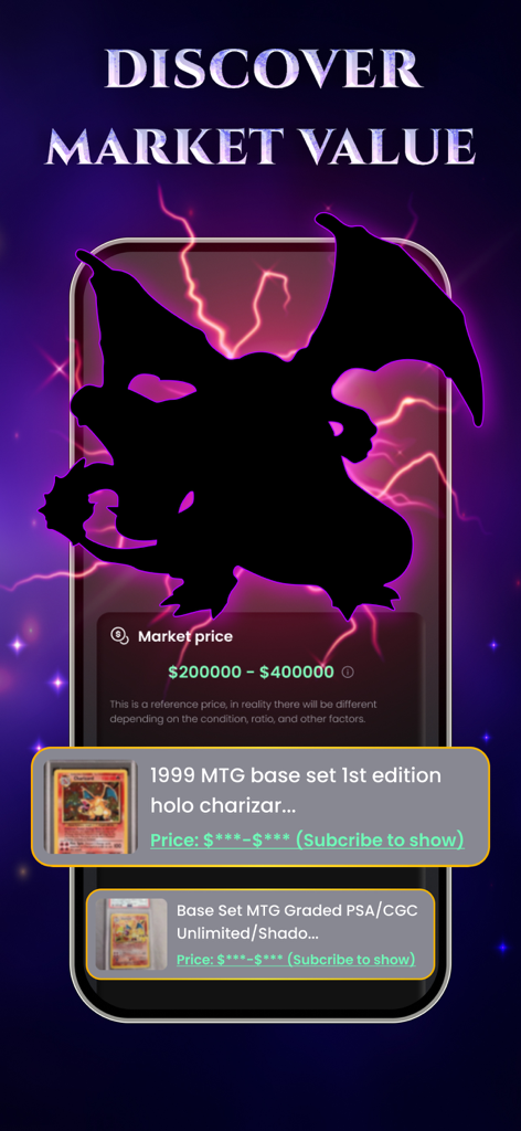 TCGScan - Poke Card Scanner - Mobile app interface showing market value estimates for a rare pokemon card