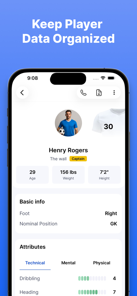 Smart Soccer Coach++ - Smart Soccer Coach app player profile screen showing organized statistics and technical attributes