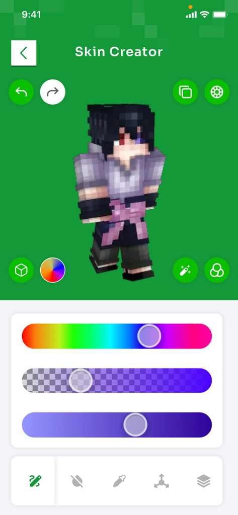 Skins for Minecraft PE ▸ - Interface do aplicativo criador de skins com pré-visualização de personagem 3D e controles deslizantes de personalização de cores.