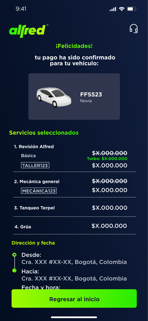 Alfred App - Alfredアプリの支払い確認画面（スペイン語）で、車のメンテナンスとバレーサービスにかかる費用を表示