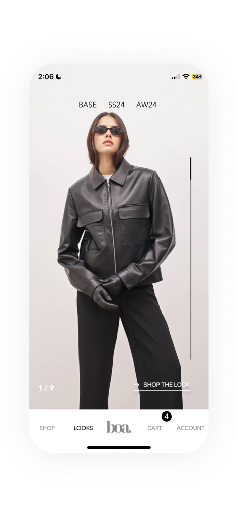 Because Of Alice - A fashion model wearing a black leather jacket and trousers in the Because Of Alice mobile app interface.