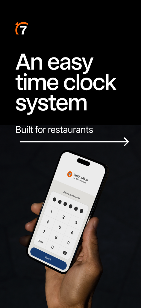 A person holding a smartphone displaying the 7punches time clock interface for a restaurant.
