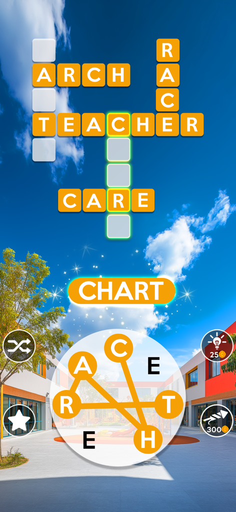 Wordscapes: Word puzzle game - A Wordscapes gameplay screen showing a crossword puzzle and letter wheel over a sunny landscape background