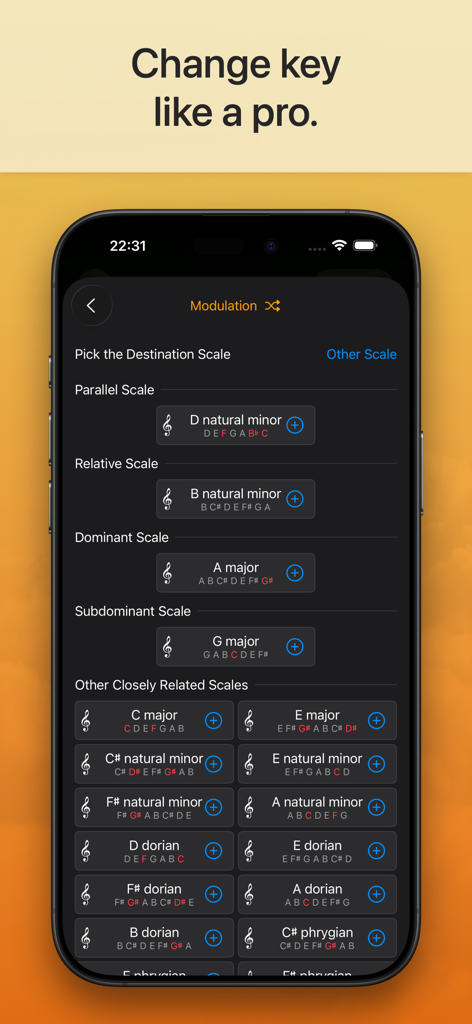Suggester 2 : Chords & Scales - Suggester 2-Oberfläche, die Modulationsoptionen und verwandte Tonleitern anzeigt