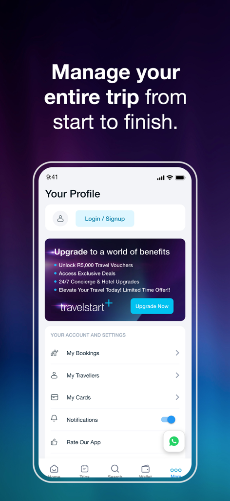 Travelstart: Flights & Hotels - The profile page of the Travelstart app displaying account settings and travel management features