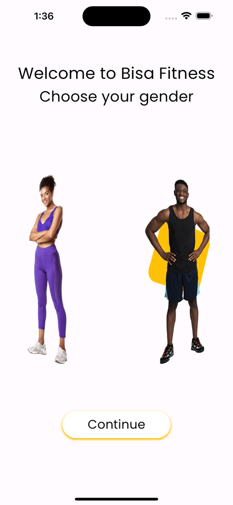 Bisa - Bisa Fitness onboarding screen asking users to choose their gender with images of male and female fitness models