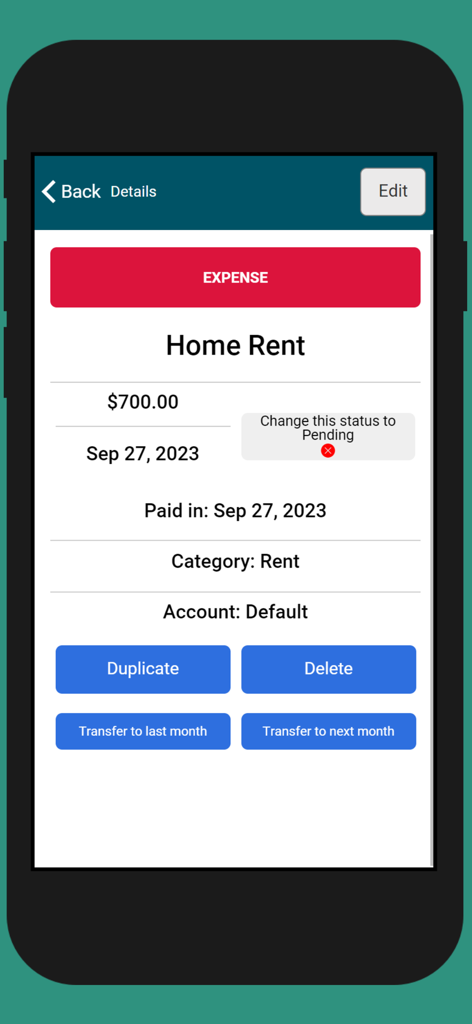 Easy Money Manager - Bildschirm der mobilen App, der die Details einer Mietrechnung für das Haus anzeigt, einschließlich Betrag und Kategorie