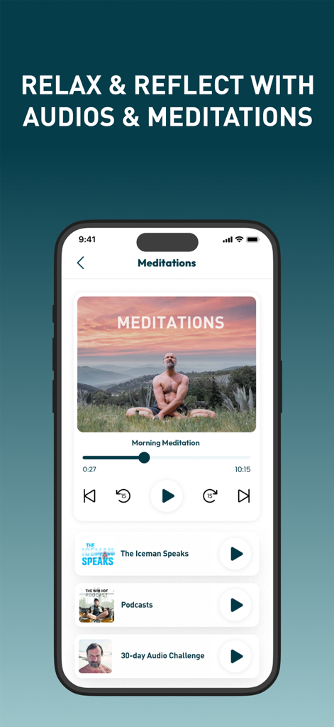 Wim Hof Method app screen displaying the Meditations and Audios section with a Morning Meditation audio player