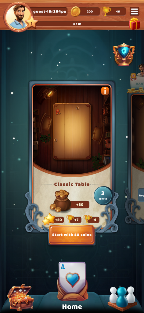 HakemSho - Pantalla de inicio de la aplicación HakemSho mostrando selección de mesa clásica con entrada de monedas y recompensas.