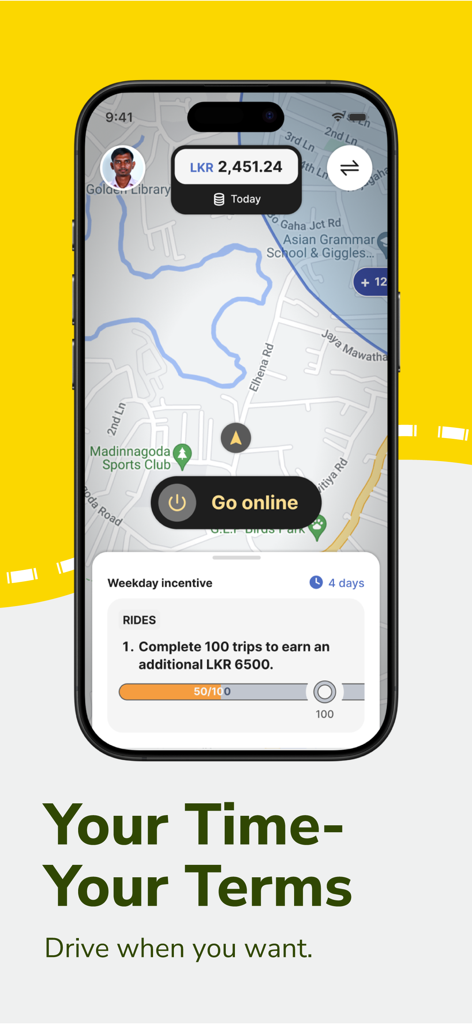 PickMe Driver Partner - PickMe Driver Partnerアプリのインターフェース。日々の収益、トリップインセンティブの目標、そして「オンラインにする」ボタンのあるマップが表示されています。